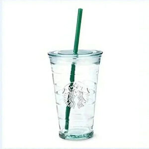 Starbucks Tumbler Recycled Glass 16oz Cold Beverages Plastic Straw  Green Logo